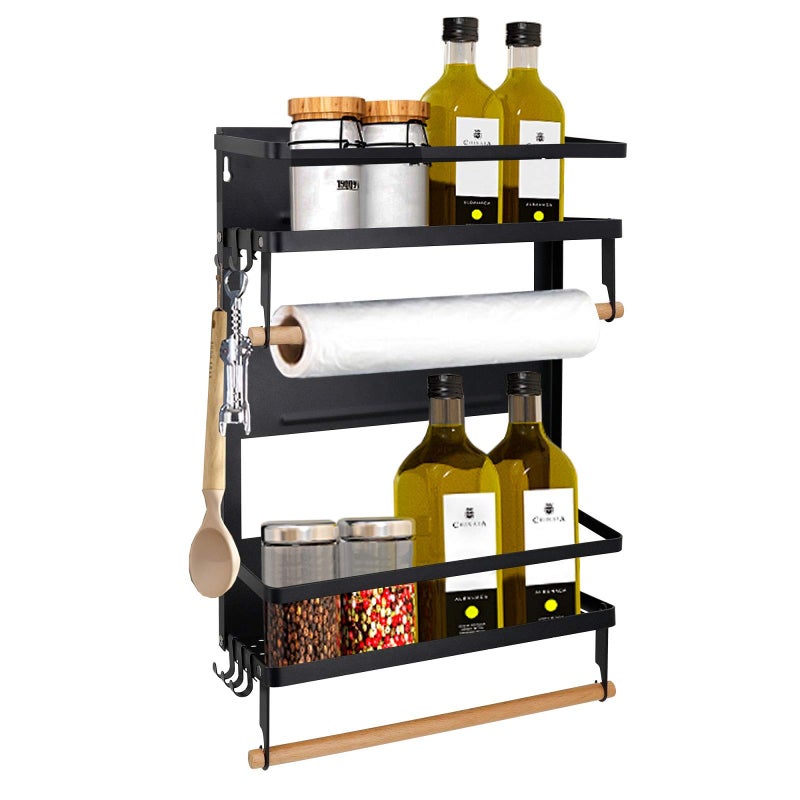 Jolitac Magnetic Fridge Spice Rack Space Saving Organizer Black Shelf on Refrigerator Kitchen Paper Towel Holder Foldable Design BlackLarge