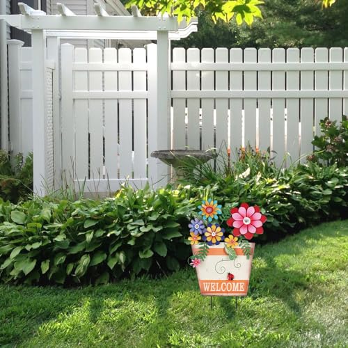 hogardeck Garden Decor for Outside, Metal Flower Pot Decorative Garden Stakes with Flowers for Spring Decor, Yard Art Welcome Sign for Outdoor Garden Lawn Backyard Porch Patio Decorations - Image 4