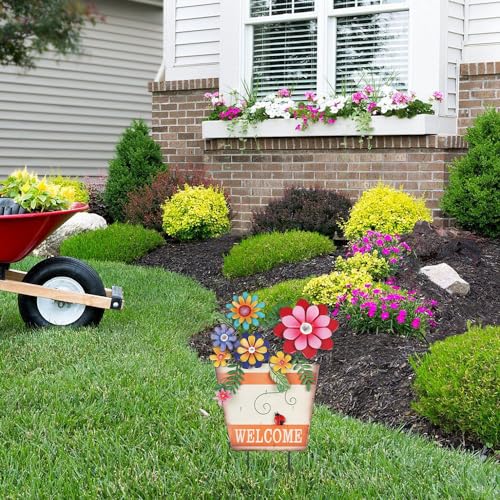 hogardeck Garden Decor for Outside, Metal Flower Pot Decorative Garden Stakes with Flowers for Spring Decor, Yard Art Welcome Sign for Outdoor Garden Lawn Backyard Porch Patio Decorations - Image 5
