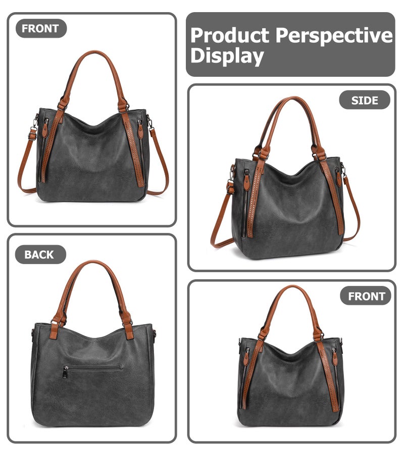 My Friday myfriday Vintage Slouchy Tote Bag for Women, Large Vegan Leather Hobo Shoulder Bag Satchel Purse with Adjustable Strap (Dark grey) - Image 4