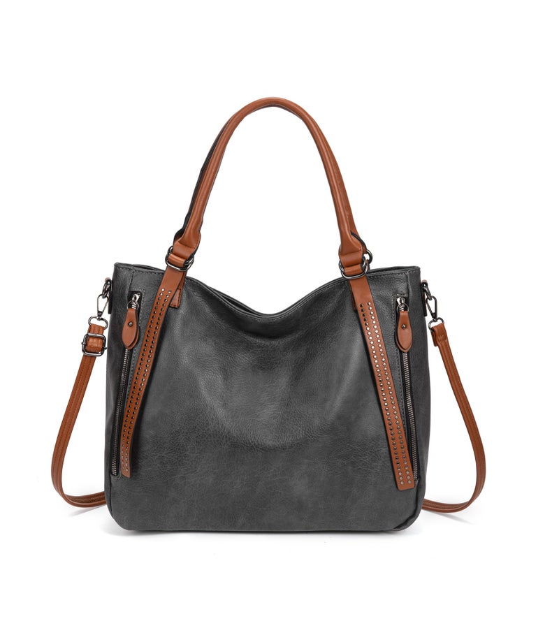My Friday myfriday Vintage Slouchy Tote Bag for Women, Large Vegan Leather Hobo Shoulder Bag Satchel Purse with Adjustable Strap (Dark grey) - Image 1