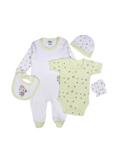 Babies Basic 5 Piece Unisex 100% Cotton Gift Set Include Bib, Romper, Mittens, Cap And Sleepsuit/Jumpsuit  - Image 1