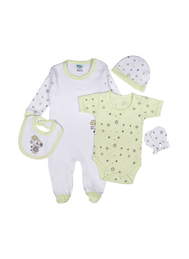 Babies Basic 5 Piece Unisex 100% Cotton Gift Set Include Bib, Romper, Mittens, Cap And Sleepsuit/Jumpsuit  - Image 1