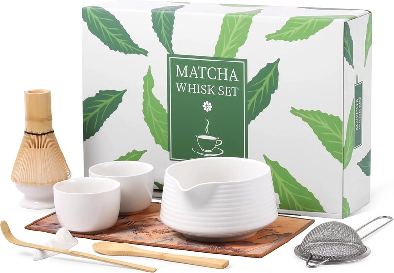 HELPLEX HELPLX Matcha Whisk Set 10-Piece Japanese Matcha Kit with BowlWhisk & Holder2 Tea CupsBamboo ScoopSpoonSifterScoop Rest & Tea Towel – White Matcha Tea Set for Ceremony or Daily Use - Image 1