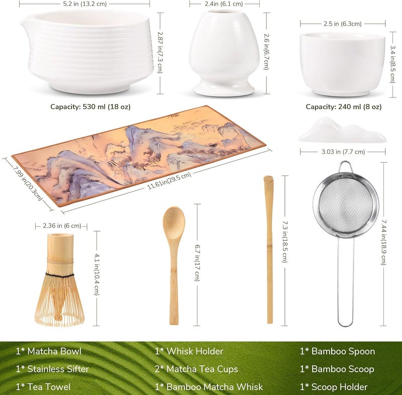 HELPLEX HELPLX Matcha Whisk Set 10-Piece Japanese Matcha Kit with BowlWhisk & Holder2 Tea CupsBamboo ScoopSpoonSifterScoop Rest & Tea Towel – White Matcha Tea Set for Ceremony or Daily Use - Image 2