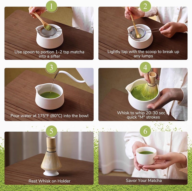 HELPLEX HELPLX Matcha Whisk Set 10-Piece Japanese Matcha Kit with BowlWhisk & Holder2 Tea CupsBamboo ScoopSpoonSifterScoop Rest & Tea Towel – White Matcha Tea Set for Ceremony or Daily Use - Image 4