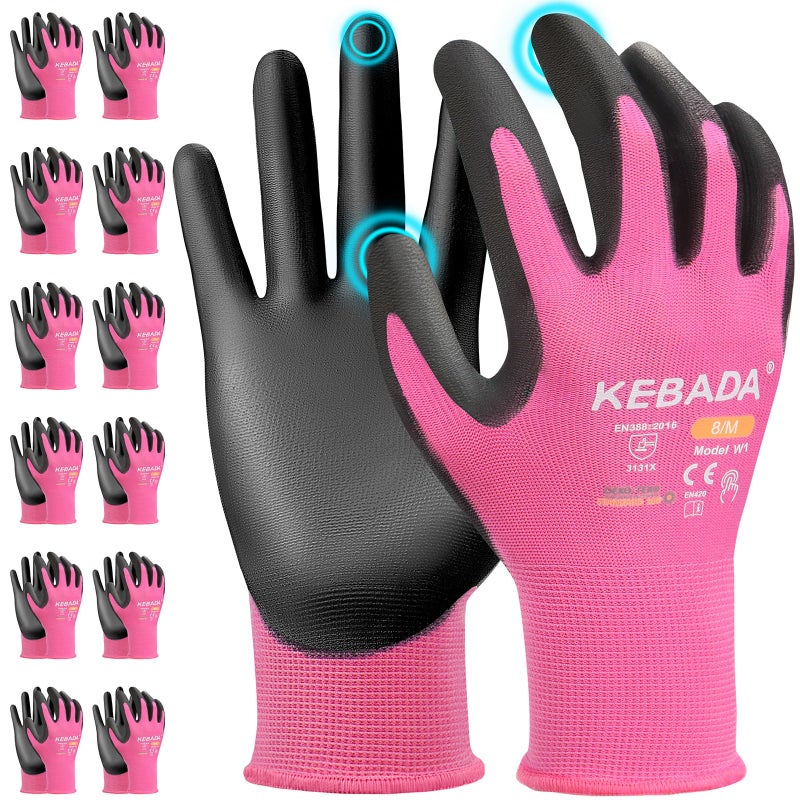 Kebada W1 Work Gloves Women, PU Coated Safety Gloves with Grip, Touchscreen, Ideal for Warehouse Package Handling, Construction, Gardening, Pink X-Small - Image 1