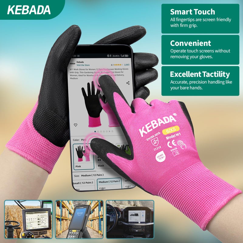 Kebada W1 Work Gloves Women, PU Coated Safety Gloves with Grip, Touchscreen, Ideal for Warehouse Package Handling, Construction, Gardening, Pink X-Small - Image 3