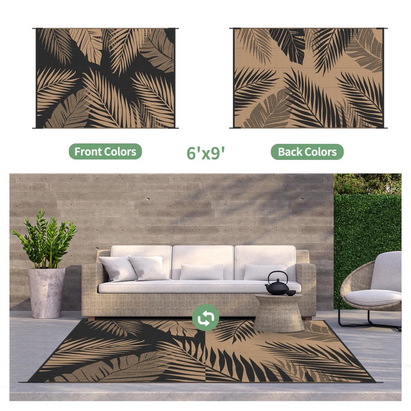 GENIMO Outdoor Rug 6' x 9' Waterproof for Patios Clearance  Reversible Outdoor Plastic Straw Camping Rug Carpet  Large Area Rugs Mats for RV  Camper  Deck  Balcony  Porch  Beach  Picnic  Black&Brown - Image 2