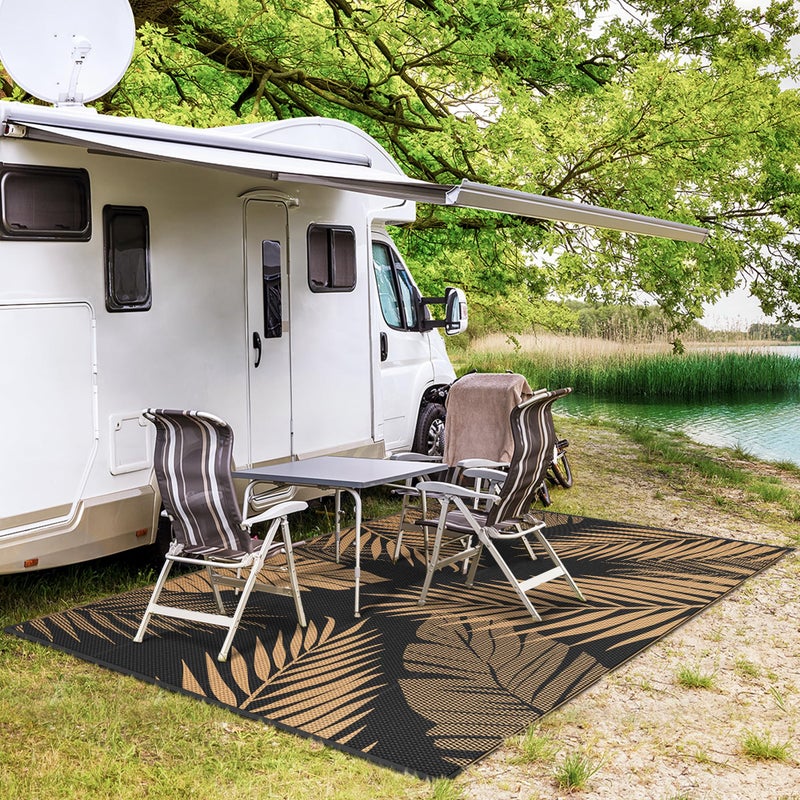 GENIMO Outdoor Rug 6' x 9' Waterproof for Patios Clearance  Reversible Outdoor Plastic Straw Camping Rug Carpet  Large Area Rugs Mats for RV  Camper  Deck  Balcony  Porch  Beach  Picnic  Black&Brown - Image 4