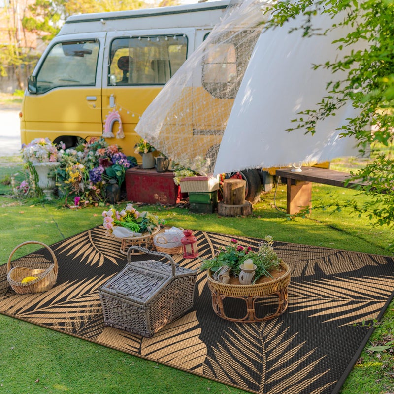 GENIMO Outdoor Rug 6' x 9' Waterproof for Patios Clearance  Reversible Outdoor Plastic Straw Camping Rug Carpet  Large Area Rugs Mats for RV  Camper  Deck  Balcony  Porch  Beach  Picnic  Black&Brown - Image 3