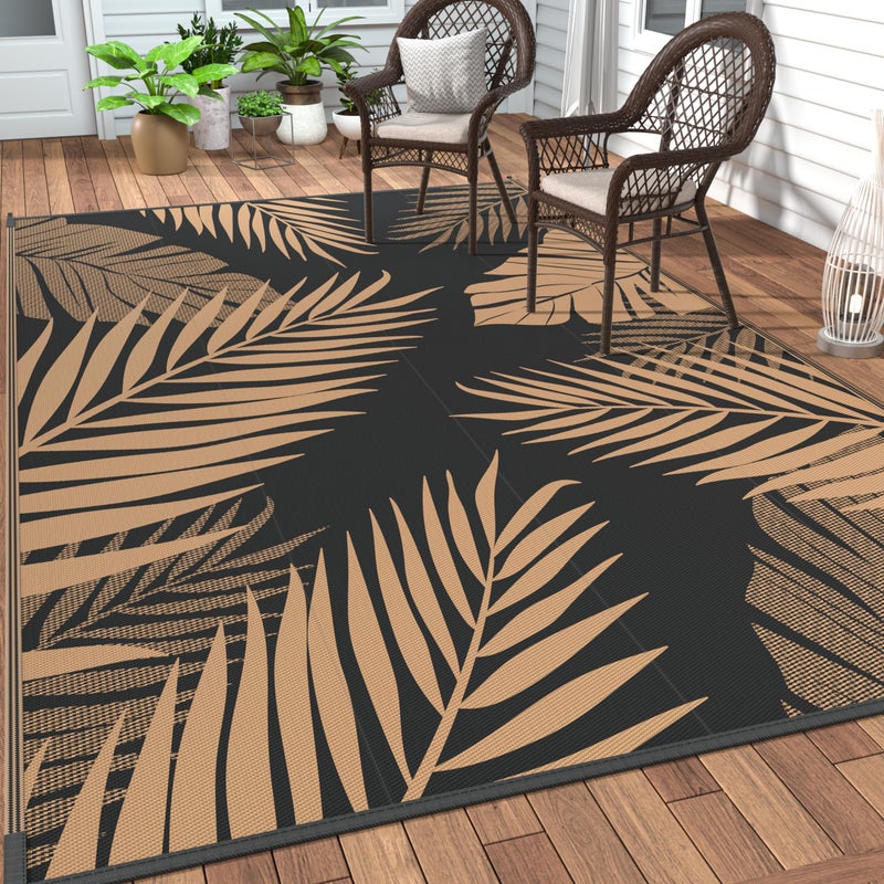 GENIMO Outdoor Rug 6' x 9' Waterproof for Patios Clearance  Reversible Outdoor Plastic Straw Camping Rug Carpet  Large Area Rugs Mats for RV  Camper  Deck  Balcony  Porch  Beach  Picnic  Black&Brown - Image 1