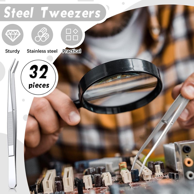 Honoson Stainless Steel Tweezers with Curved Serrated Tip Multipurpose Tweezers Sewing Machine Tweezers Forceps Tweezers for Craft, Silver (32) - Image 5