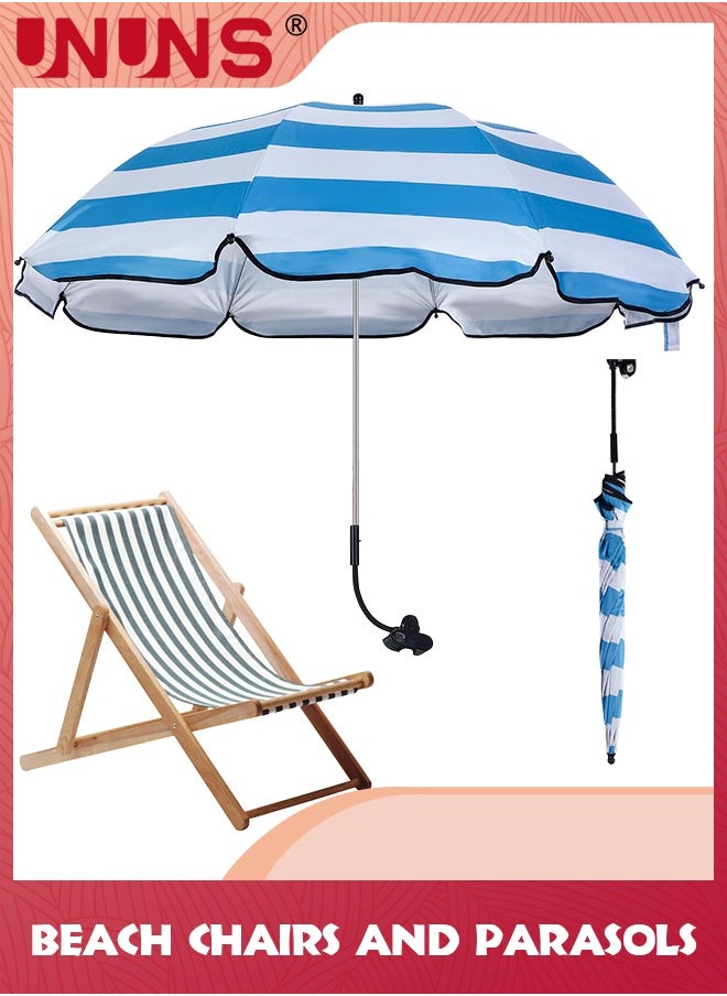UNUNS 38 inch Beach Umbrella with Clamp,Sun Shade for Beach Chair,360°Adjustable UV Protection Golf Umbrella With Clip for Outdoor Stroller Wheelchair Camping Chair,Stripe,White Blue  - Image 1