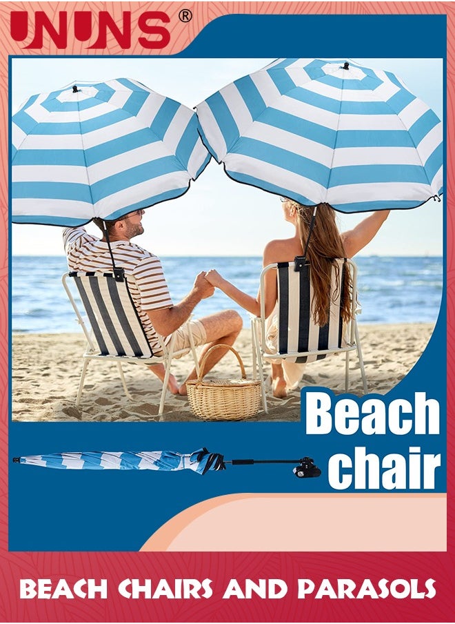 UNUNS 38 inch Beach Umbrella with Clamp,Sun Shade for Beach Chair,360°Adjustable UV Protection Golf Umbrella With Clip for Outdoor Stroller Wheelchair Camping Chair,Stripe,White Blue  - Image 2
