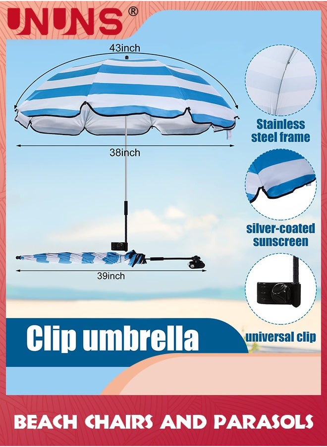 UNUNS 38 inch Beach Umbrella with Clamp,Sun Shade for Beach Chair,360°Adjustable UV Protection Golf Umbrella With Clip for Outdoor Stroller Wheelchair Camping Chair,Stripe,White Blue  - Image 3