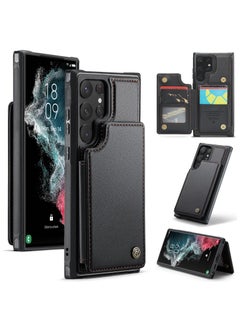 CaseMe Wallet Case for Samsung Galaxy S22 Ultra, Premium Handmade Durable PU Leather Slim Shockproof Case with [Double Magnetic Clasp] [Card Holder] [Kickstand] [RFID Blocking] (Black)  - Image 1