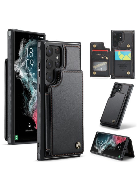 Wallet Case for Samsung Galaxy S22 Ultra, Premium Handmade Durable PU Leather Slim Shockproof Case with [Double Magnetic Clasp] [Card Holder] [Kickstand] [RFID Blocking] (Black)
