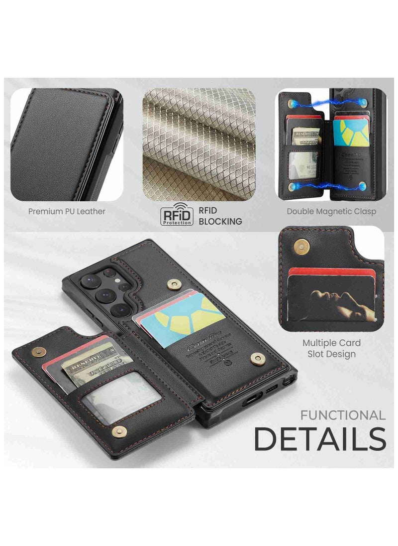 CaseMe Wallet Case for Samsung Galaxy S22 Ultra, Premium Handmade Durable PU Leather Slim Shockproof Case with [Double Magnetic Clasp] [Card Holder] [Kickstand] [RFID Blocking] (Black)  - Image 2