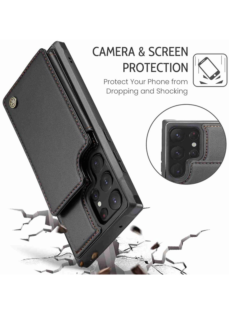 CaseMe Wallet Case for Samsung Galaxy S22 Ultra, Premium Handmade Durable PU Leather Slim Shockproof Case with [Double Magnetic Clasp] [Card Holder] [Kickstand] [RFID Blocking] (Black)  - Image 3