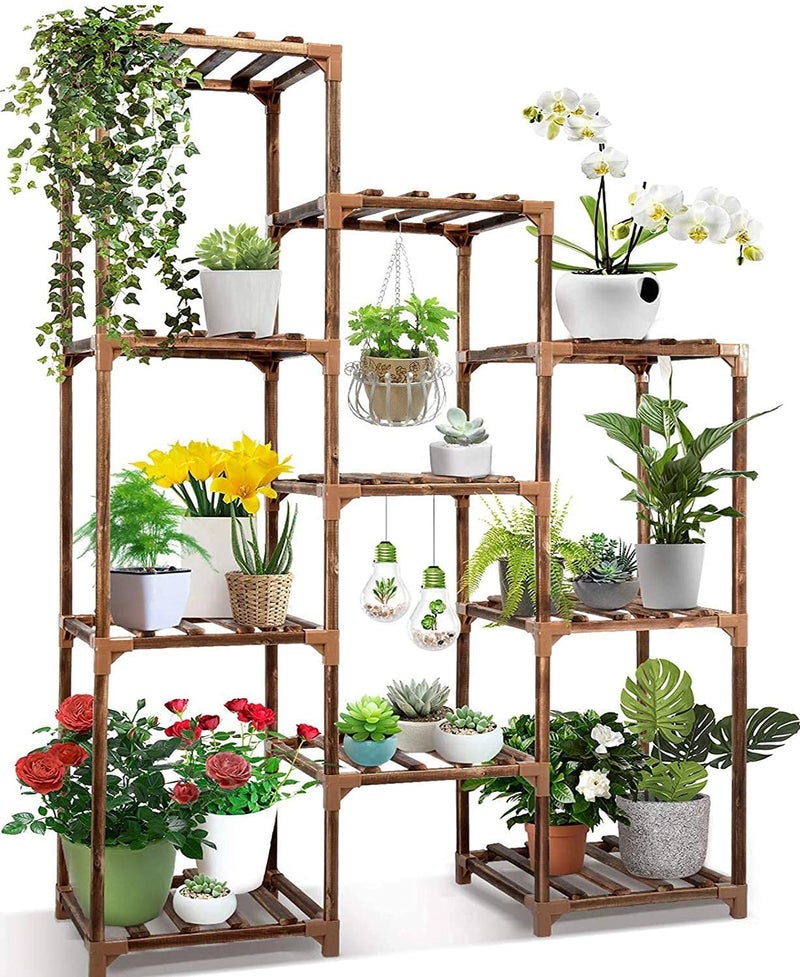 Snazzy Plant Stand indoor nature wood small plant shelf for multiple potted plants indoor outdoor plant holder rack table for Patio Window Garden Corner Balcony home Office (10 Tier Trapezium) - Image 1