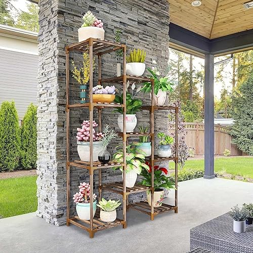 Snazzy Plant Stand indoor nature wood small plant shelf for multiple potted plants indoor outdoor plant holder rack table for Patio Window Garden Corner Balcony home Office (10 Tier Trapezium) - Image 2