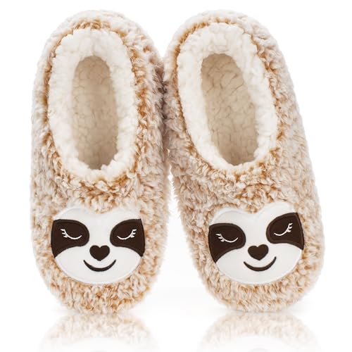 cosyone1997 Sloth Slippers for Big Kids Indoor Non Slip Soft Sole Cute Animal Fuzzy Plush Slipper Socks Big Kids Size 4-6 - Image 1