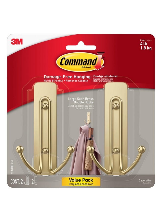 Command Command Large Satin Brass Double Hooks, 2 Hooks and 2 Command Strips, Damage Free Hanging Wall Hooks with Adhesive Strips, No Tools Coat Hooks for Hanging Home Decor, Holds up to 4 lb  - Image 1