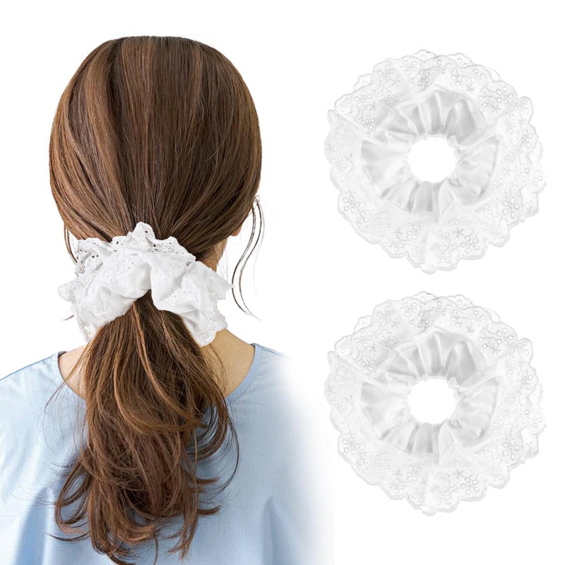 Tyqour 2Pcs White Oversized Scrunchies for Women Double Layer Jumbo Large Lace No Damage Hair Ties Elastic Ponytail Holders Accessories for Curly Hair