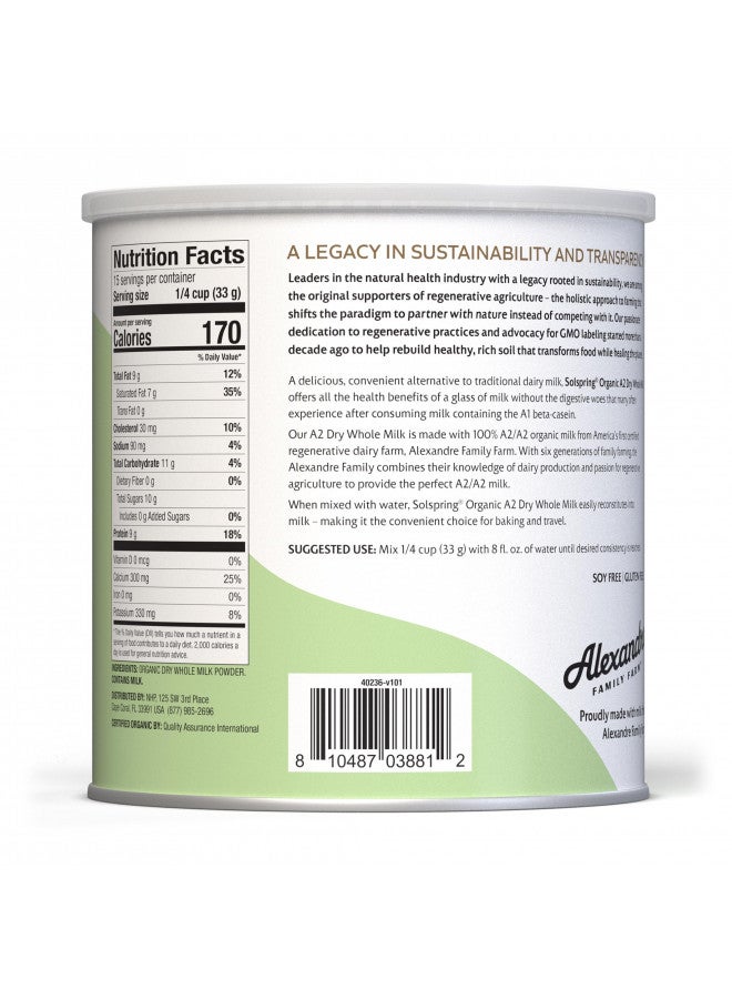 Dr. Mercola Dr. Mercola Solspring Organic A2 Dry Whole Milk, 15 Servings, 17.4 oz (1 lb. 1.4 oz.), Contains 26% Milk Fat, Gluten Free, Soy Free, USDA Organic - Image 2