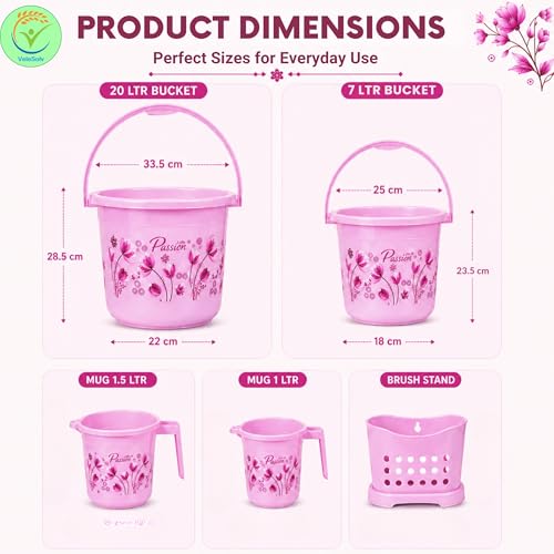 VeleSolv Heavy Duty Virgin Plastic Large Capacity Bucket, 7 L Bucket, Patla, 22 L Deep Tub, Dustbin, 1.5 L Mug, 1 L Mug, Soap Case, Dustpan, Tooth Brush Stand Bathroom Set (Q.Pink) - 10 Pieces - Image 3