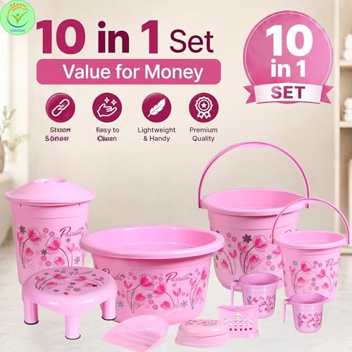 VeleSolv Heavy Duty Virgin Plastic Large Capacity Bucket, 7 L Bucket, Patla, 22 L Deep Tub, Dustbin, 1.5 L Mug, 1 L Mug, Soap Case, Dustpan, Tooth Brush Stand Bathroom Set (Q.Pink) - 10 Pieces - Image 2