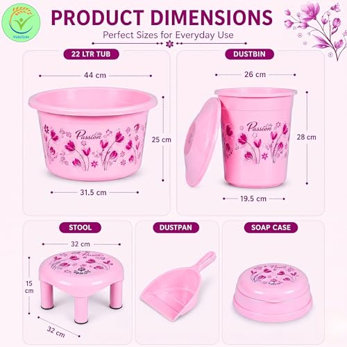 VeleSolv Heavy Duty Virgin Plastic Large Capacity Bucket, 7 L Bucket, Patla, 22 L Deep Tub, Dustbin, 1.5 L Mug, 1 L Mug, Soap Case, Dustpan, Tooth Brush Stand Bathroom Set (Q.Pink) - 10 Pieces - Image 4