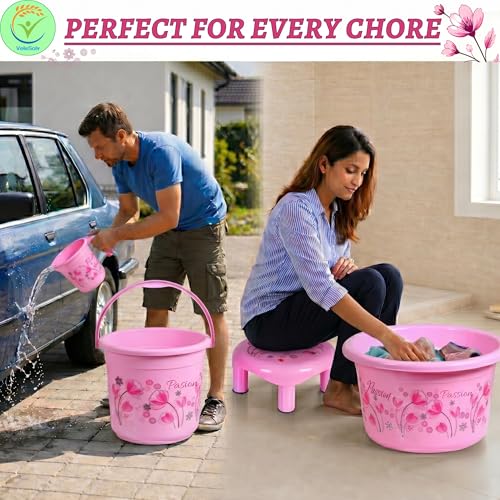 VeleSolv Heavy Duty Virgin Plastic Large Capacity Bucket, 7 L Bucket, Patla, 22 L Deep Tub, Dustbin, 1.5 L Mug, 1 L Mug, Soap Case, Dustpan, Tooth Brush Stand Bathroom Set (Q.Pink) - 10 Pieces - Image 5