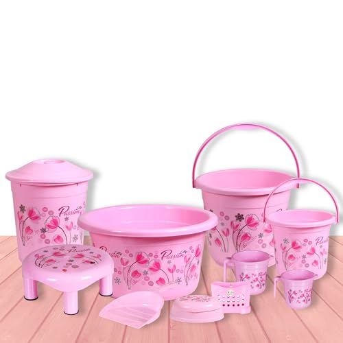 VeleSolv Heavy Duty Virgin Plastic Large Capacity Bucket, 7 L Bucket, Patla, 22 L Deep Tub, Dustbin, 1.5 L Mug, 1 L Mug, Soap Case, Dustpan, Tooth Brush Stand Bathroom Set (Q.Pink) - 10 Pieces - Image 1