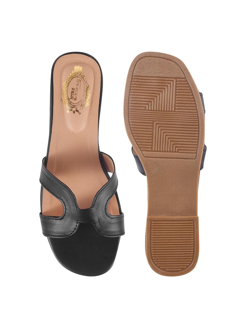 Shoetopia Women’s Black Flat Sandals with Stylish Cut-Out Strap Design || Comfortable Casual Slip-On Flats for Everyday & Ethnic Footwear EU41 - Image 5