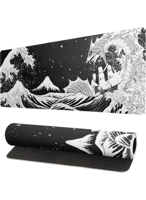 Wave Dragon Gaming Mouse Pad - Abstract Mat with Non-Slip Rubber Base 800 * 300 * 3mm Stitched Edges - Desk Pad for Office and Home