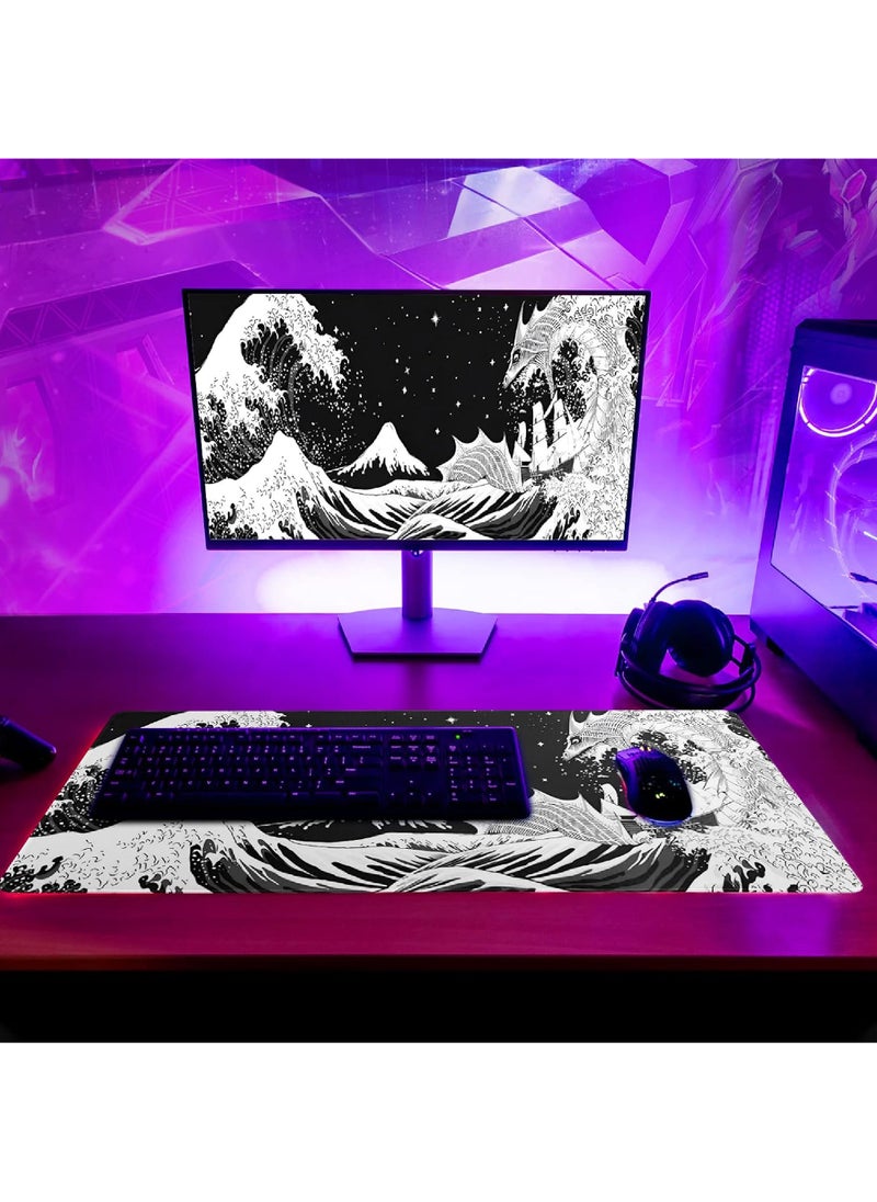 Rock Pow - Wave Dragon Gaming Mouse Pad - Abstract Mat with Non-Slip Rubber Base 800 * 300 * 3mm Stitched Edges - Desk Pad for Office and Home - Image 1