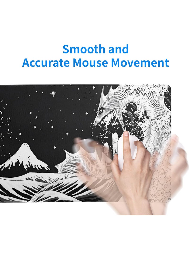Rock Pow - Wave Dragon Gaming Mouse Pad - Abstract Mat with Non-Slip Rubber Base 800 * 300 * 3mm Stitched Edges - Desk Pad for Office and Home - Image 1
