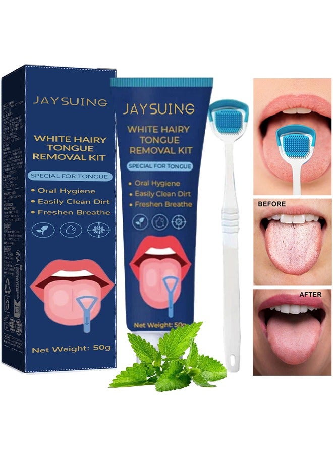 Jaysuing White Hairy Tongue Removal Kit, Tongue Cleaning Gel Set, Tongue Cleaner Gel with Soft Tongue Brush, Easy to Use Tongue Scraper Precise Cleaning Brush Kit, Keep Fresh Breath 50G - Image 1