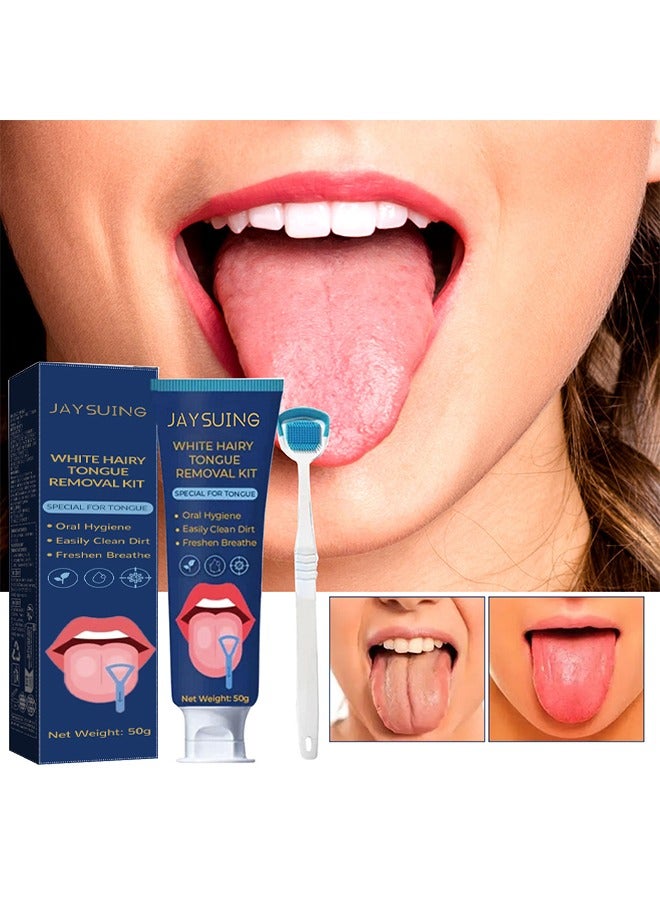Jaysuing White Hairy Tongue Removal Kit, Tongue Cleaning Gel Set, Tongue Cleaner Gel with Soft Tongue Brush, Easy to Use Tongue Scraper Precise Cleaning Brush Kit, Keep Fresh Breath 50G - Image 2