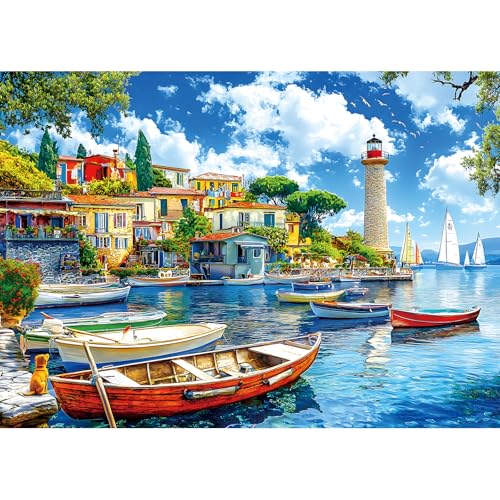 MINIWAN 1000 Piece Jigsaw Puzzle for Adults Seaside Harbor Colorful Houses Lighthouse Sailboats Scene Beautiful Mediterranean Sea Landscape Challenging Coastal Village Puzzle for Adults Families276 x197 - Image 1