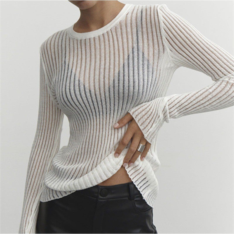 2024 European and American Spring and Summer New Hot Selling Long Sleeve Crewneck Thin Breathable Knitwear Top Sunscreen Blouse White - Image 1