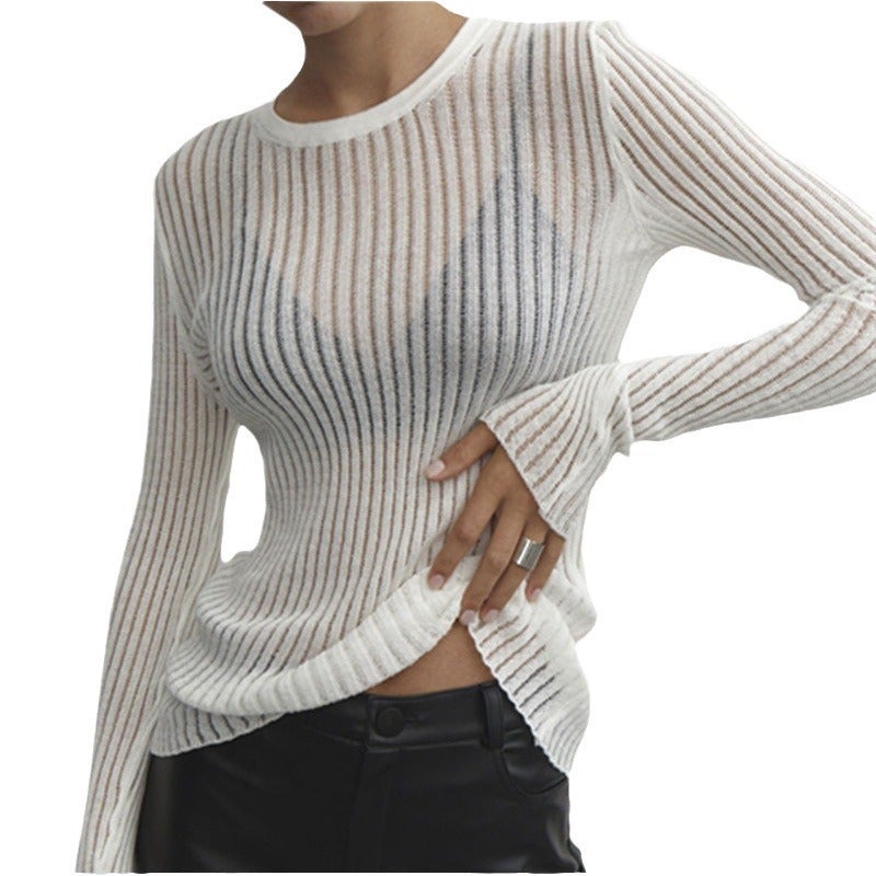 2024 European and American Spring and Summer New Hot Selling Long Sleeve Crewneck Thin Breathable Knitwear Top Sunscreen Blouse White - Image 5