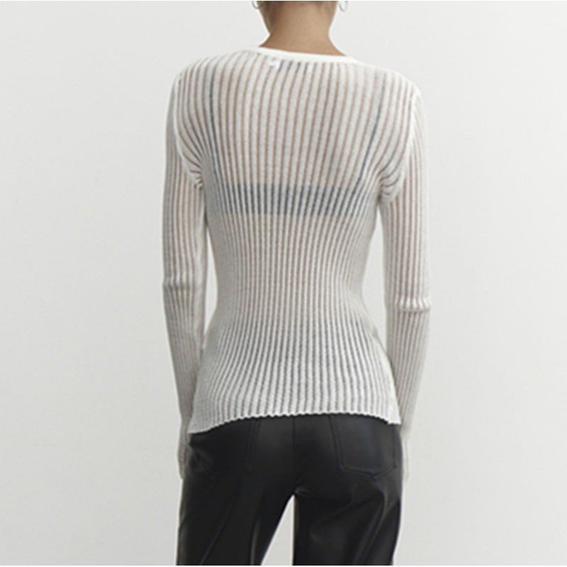 2024 European and American Spring and Summer New Hot Selling Long Sleeve Crewneck Thin Breathable Knitwear Top Sunscreen Blouse White - Image 4