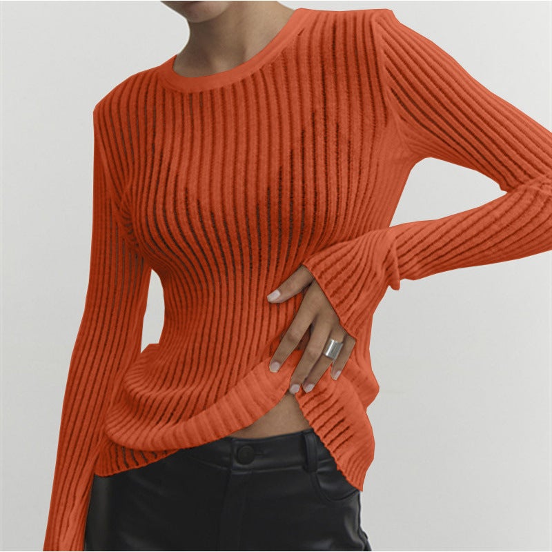 2024 European and American Spring and Summer New Hot Selling Long Sleeve Crewneck Thin Breathable Knitwear Top Sunscreen Blouse White - Image 3