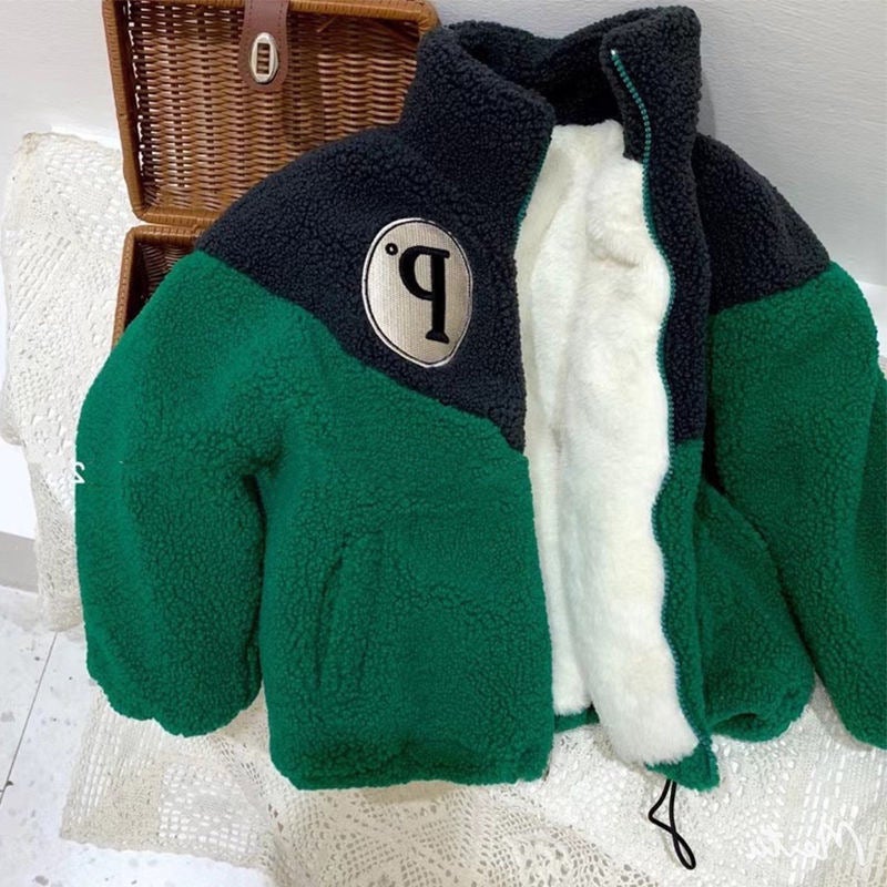 Boys Coat 2024 Winter New Childrens fleece-lined Korean Loose Thickened Warm Fashionable Top for Boys and Girls Green plus velvet and thickening 