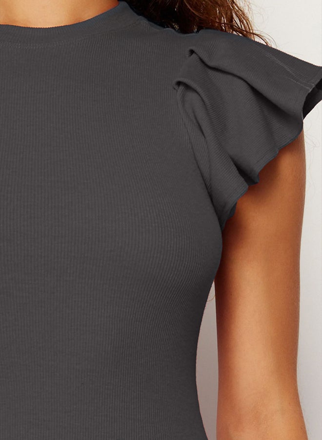 trendyol Anthracite Ribbed Sleeves Flounce Bodycone/Fits on the Body Midi Flexible Knitted Pencil Dress - Image 5