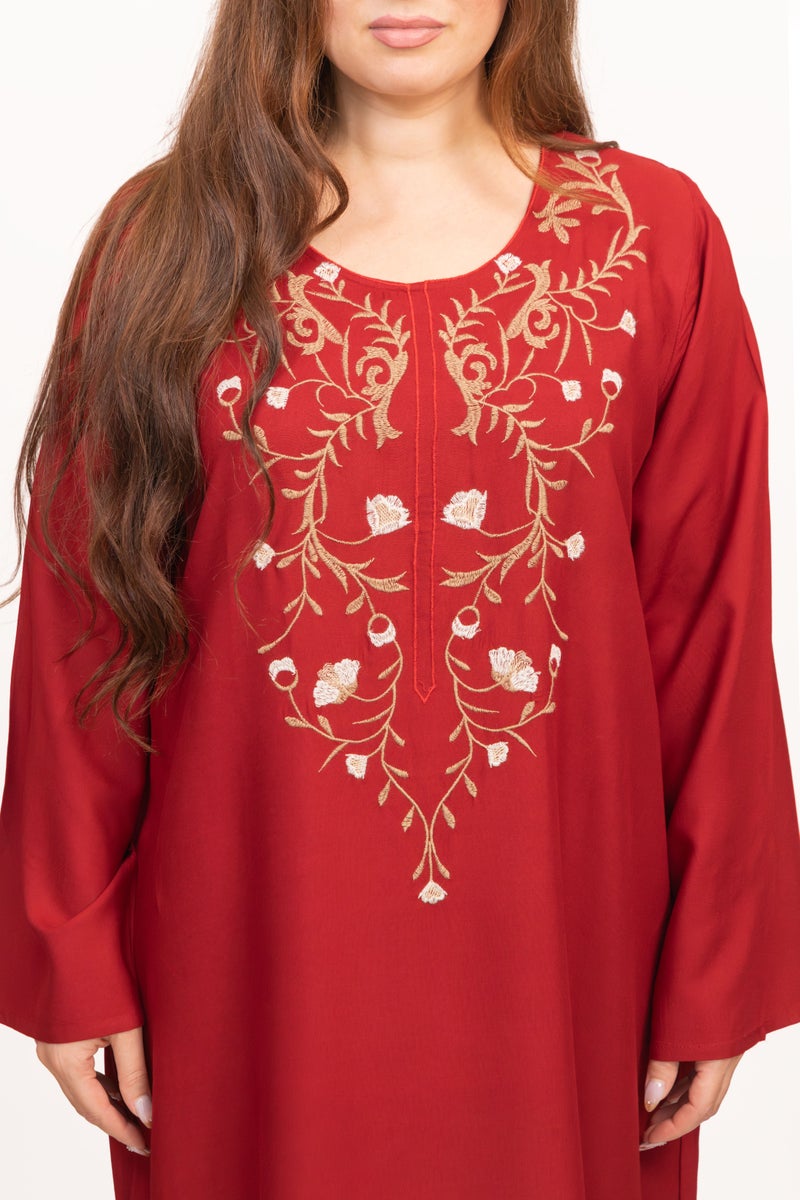 جلابية لينيل حمراء للنساء - رقبة دائرية مزينة بتطريزات زهرية، أكمام طويلة فضفاضة، تصميم محتشم مناسب للاستخدام اليومي والمناسبات