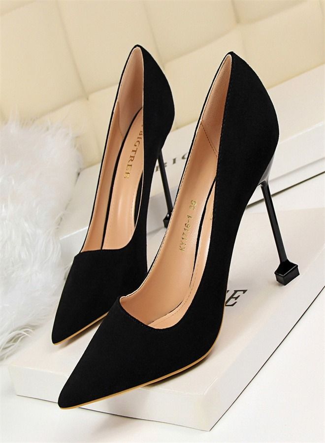 BIGTREE Suede Shallow Pointed High Heels 9.5CM Black
